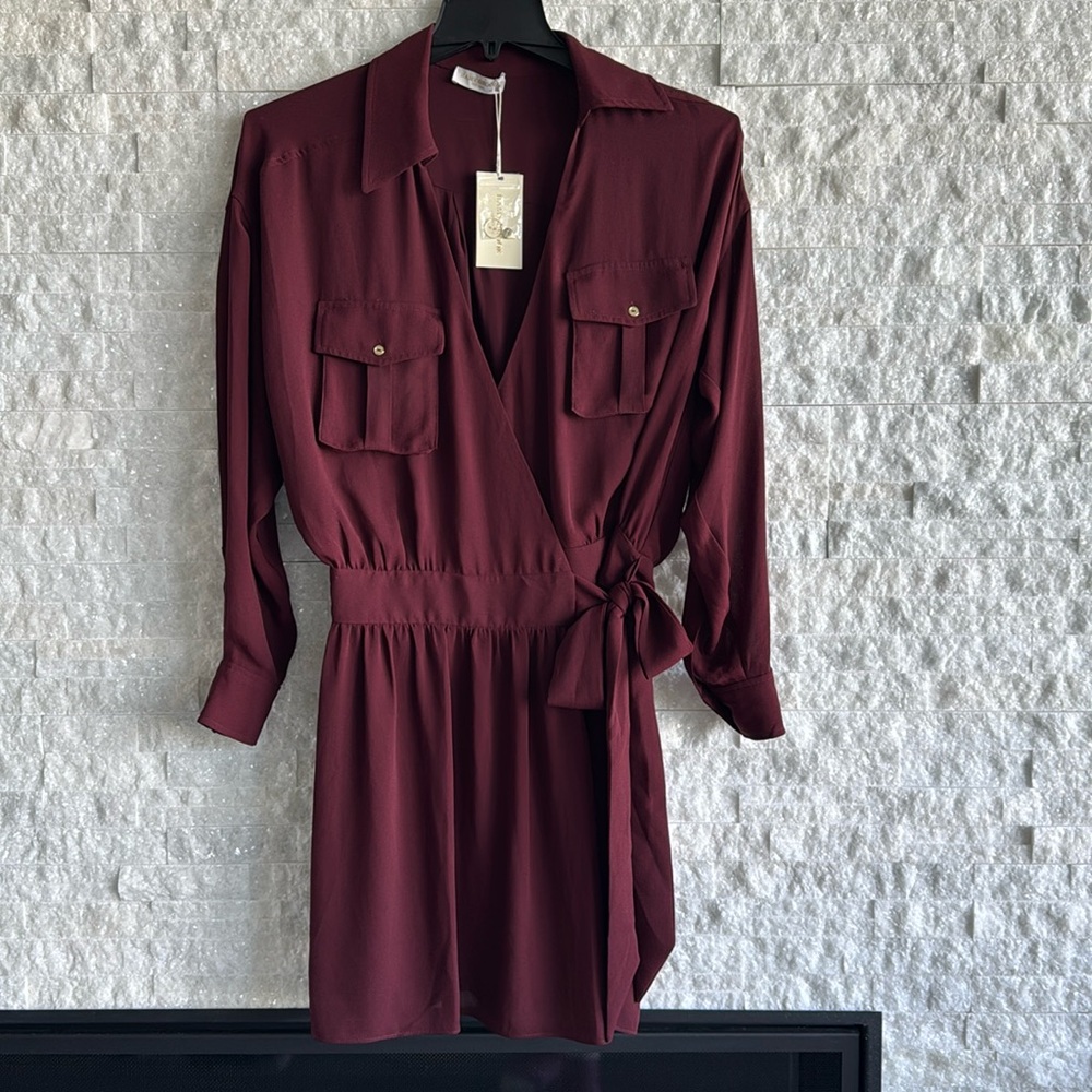 Ramy Brook Summer Wrap Long-Sleeve Mini Dress in Cabernet Sz L. Brand New